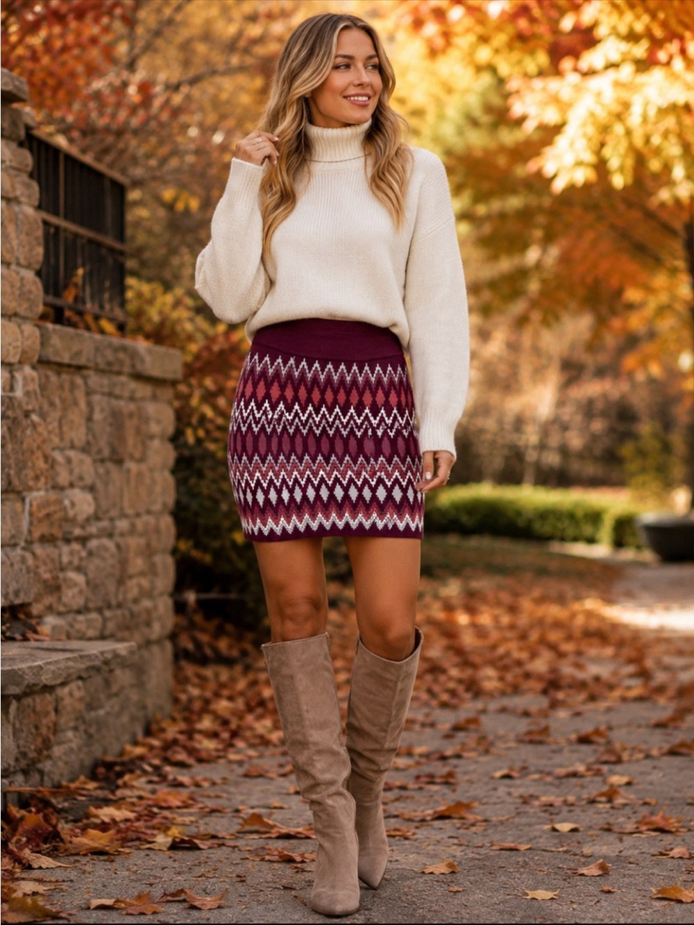 Krimson Klover Nordic Sweater Mini Skirt Stretch Zig Zag Print Fall Winter